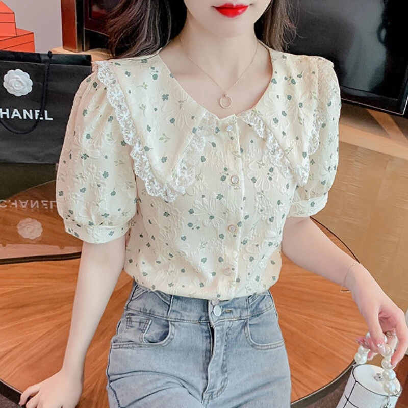เสื้อลายดอกไม้สไตล์เกาหลีแขนสั้นผ้าชีฟอง thumbnail 7