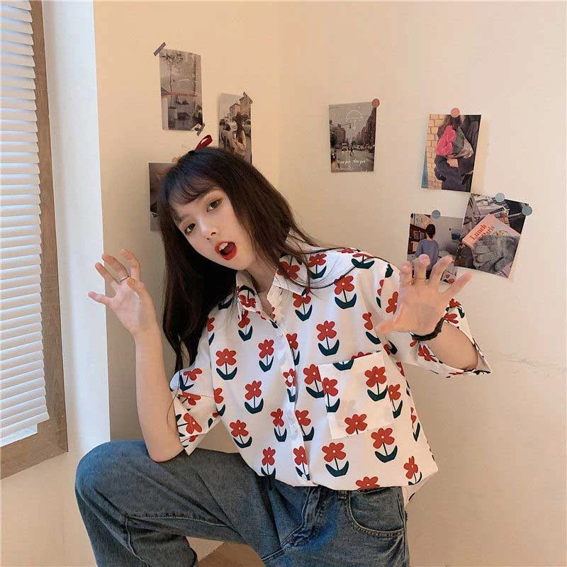เสื้อเชิ้ตแขนสั้นคอปกกระดุมหน้า ลายดอกไม้ ผู้หญิง thumbnail 9