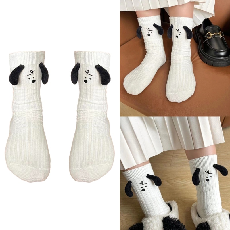 Lu Girls Eared Puppy Dog Socks Womens Men Cotton Middle Tube Cute Funny Socks
