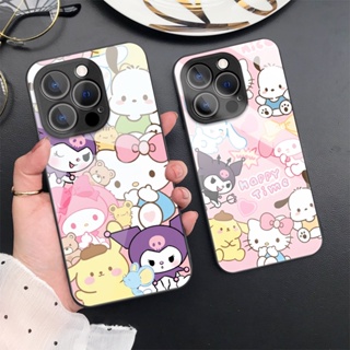 SANRIO เคสโทรศัพท์มือถือกระจกนิรภัย แบบแข็ง ป้องกันกล้อง ลายการ์ตูนซานริโอ้ สําหรับ iPhone 14 13 Pro Max 12 11 X XR XS 7 8 SE 2020