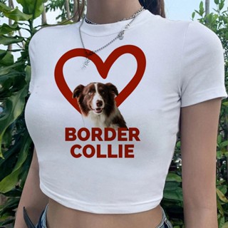 Border Collie 2000s gothic 90s เสื้อครอปท็อป ผู้หญิง kawai 2000s Kawaii เสื้อยืดสตรีท