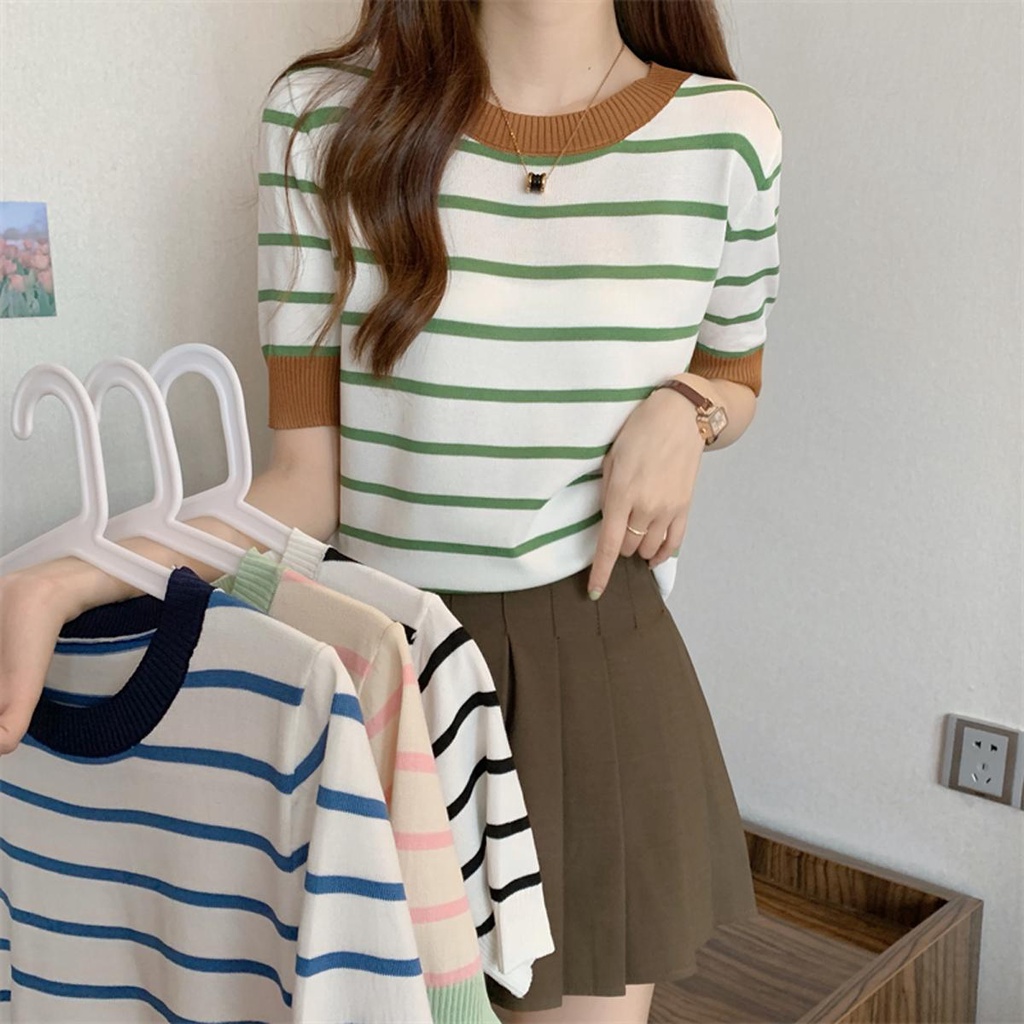 littlebee.shop.9513 เสื้อยืดแขนสั้น ผ้าถัก คอกว้าง ลายทาง สไตล์เกาหลี แฟชั่นฤดูร้อน สําหรับผู้หญิง