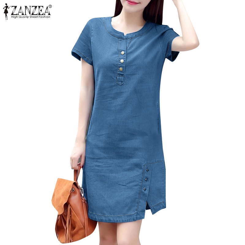 Zanzea ชุดเดรสยีน คอกลม แขนสั้น สไตล์เกาหลี สําหรับผู้หญิง
