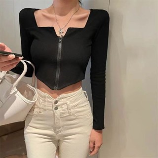 เสื้อยืดแขนยาว มีซิป สําหรับผู้หญิง