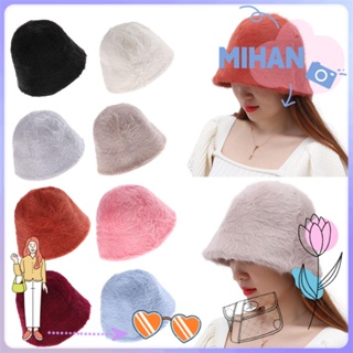 Mihan หมวกบักเก็ต ขนกระต่ายเทียม แบบนิ่ม สีพื้น ให้ความอบอุ่น หลากสีสัน แฟชั่นฤดูหนาว สําหรับผู้หญิง