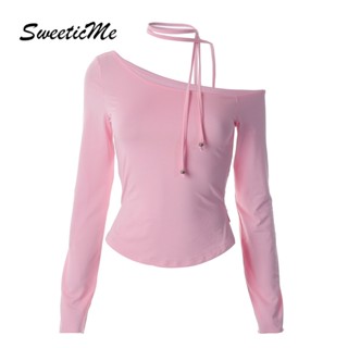 Sweeticme เสื้อยืดแขนยาว เปิดไหล่ข้างเดียว สีพื้น เข้ากับทุกการแต่งกาย แฟชั่นสําหรับผู้หญิง 2023