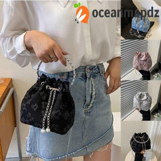 Oceanmapdz กระเป๋าทรงถัง หูรูด ลายดอกไม้ สไตล์เกาหลี กระเป๋าสะพายข้าง ขนาดเล็ก กระเป๋าใส่เหรียญ หวาน กระเป๋าถือ โซ่โลหะ เด็กผู้หญิง