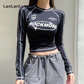 Lanlanlolo เสื้อยืดคอกลม แขนยาว พิมพ์ลายตัวอักษร รัดรูป สําหรับผู้หญิง 2023