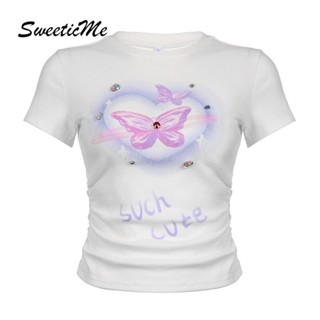 Sweeticme เสื้อยืดคอกลม แขนสั้น พิมพ์ลายผีเสื้อ แฟชั่นใหม่ สําหรับผู้หญิง 2023