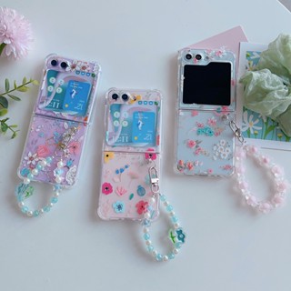 เคสโทรศัพท์มือถือแบบนิ่ม TPU กันกระแทก ลายดอกไม้สีแดง พร้อมสายคล้องข้อมือ และสายคล้องมือ สําหรับ Samsung Galaxy Z Flip 5 4 3