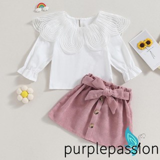 Purplepassion ชุดเสื้อแขนยาว และกระโปรงกระดุม พร้อมเข็มขัด สีพื้น 2 ชิ้น สําหรับเด็กวัยหัดเดิน ฤดูใบไม้ร่วง