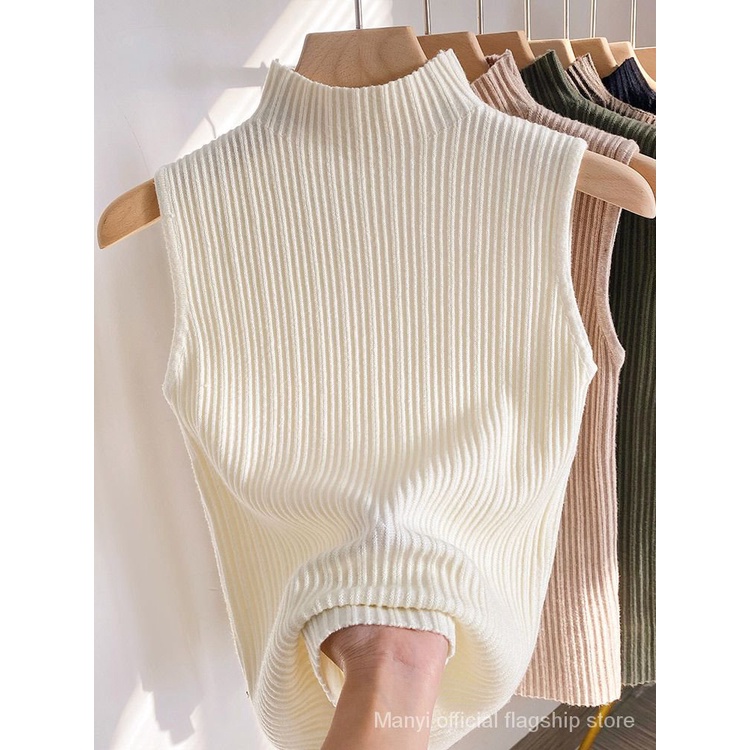 Rophie เสื้อกล้ามแขนกุดแบบใหม่ฤดูใบไม้ผลิและฤดูร้อนเสื้อกล้ามคอเต่าครึ่งตัวถักแบบสั้นเสื้อกล้ามใส่ด้านในแบบบางสำหรับผู้หญิง  SC8790