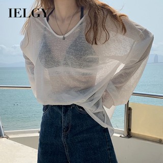 Ielgy เสื้อยืดแขนยาว ผ้าเรยอนเทียม แบบบาง ป้องกันแดด แฟชั่นฤดูร้อน สําหรับผู้หญิง