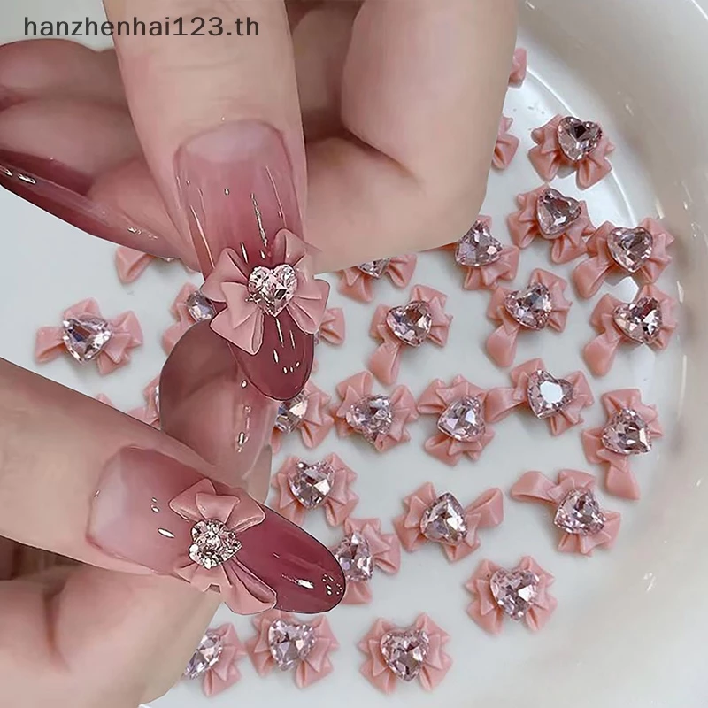 HANHAI 10 ชิ้น/5 ชิ้น 3D เรซิ่น Bowknot เล็บ Ch สีชมพูริบบิ้นโบว์ Rhinestone เครื่องประดับอะไหล่ตกแต่งเล็บ DiIY Salon อุปกรณ์เสริมของขวัญ TH