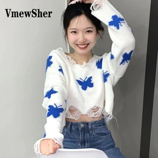 Vmewsher เสื้อกันหนาว เสื้อครอป จัมเปอร์ แขนยาว ผ้าถัก แบบบาง ทรงหลวม ลายผีเสื้อ แต่งพู่ สไตล์พังก์ สําหรับผู้หญิง