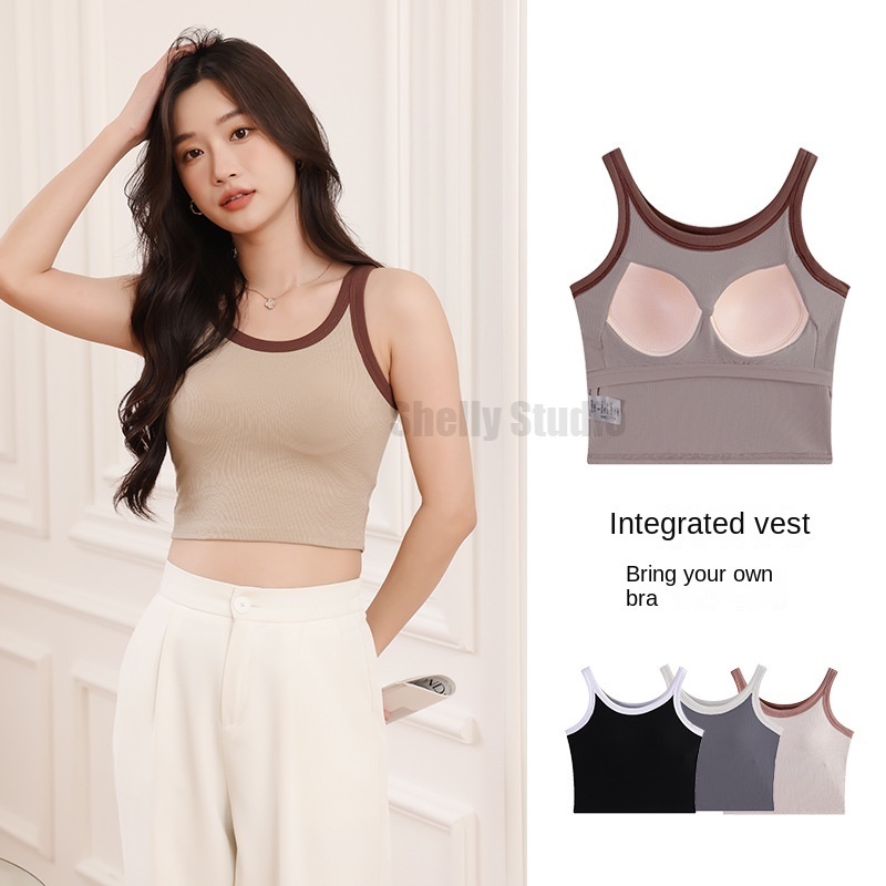 ใหม่ 2 in 1 เสื้อกล้ามสีตัดกัน คอกลม บุฟองน้ํา เสื้อกล้าม ใหม่ บาง ยืดหยุ่น ด้ายสวมด้านนอก ป้องกันการแอบมอง เสื้อชั้นในยกทรง บุฟองน้ํา ครอป เสื้อกล้าม
