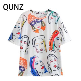 เสื้อเชิ้ต คอกลม พิมพ์ลายตัวอักษร Qunz แฟชั่นสําหรับสตรี 139