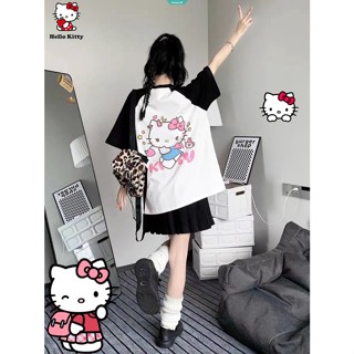 SANRIO เสื้อยืดแขนสั้นลําลอง พิมพ์ลายการ์ตูน Hello Kitty ทรงหลวม แฟชั่นฤดูร้อน สําหรับเด็กผู้หญิง [GM]