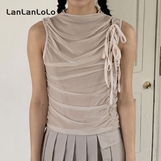 Lanlanlolo เสื้อแขนกุด คอกลม ผ้าตาข่าย แต่งจับจีบ สีพื้น สําหรับผู้หญิง 2023