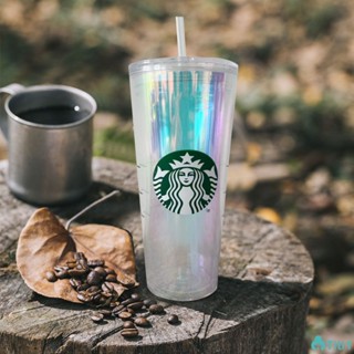 710ml/24oz Starbucks Transparent Clear Aurora Cup Double Plastic Straw Cup With Lid TH1