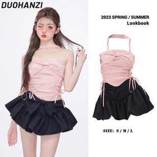 Duohanzi เสื้อสายเดี่ยว แขนสั้น คอลูกสาว ผงอายชาโดว์ แฟชั่นฤดูร้อน สําหรับผู้หญิง