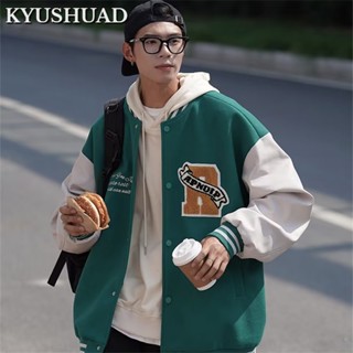 KYUSHUAD การจับคู่สีแบบสบาย ๆ การจับคู่สีแบบฮ่องกงสไตล์ไฮสตรีทหลวมแจ็คเก็ตนักเลงชุดเบสบอลอเมริกันสำหรับผู้ชาย