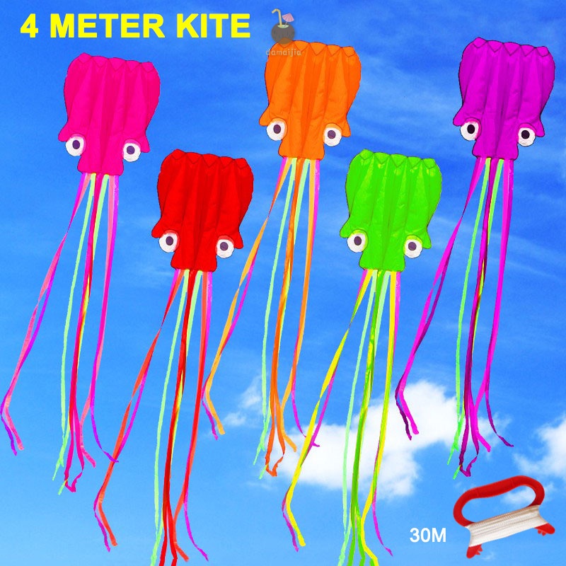 Kitekitelarge ปลาหมึก ขนาดใหญ่ 4 ม. พับได้ พร้อมเชือกบิน 30 ม. อุปกรณ์เสริม สําหรับเล่นกีฬา กลางแจ้ง ของขวัญเด็ก