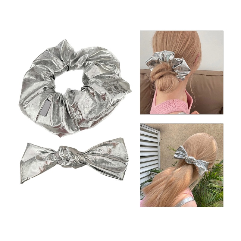R* แฟชั่น Y2K Silver Hair Scrunchies UpdoHair Tie HairBun Hairpiece Lady Headdress