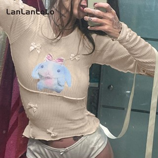 Lanlanlolo เสื้อยืดลําลอง แขนยาว คอกลม พิมพ์ลาย ประดับโบว์ แฟชั่นสําหรับสตรี 2023