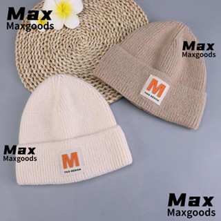 Maxg หมวกถักไหมพรม แบบสวมหัว ขนสัตว์นุ่ม สีพื้น ลายตัวอักษร อบอุ่น แฟชั่นฤดูหนาว กลางแจ้ง