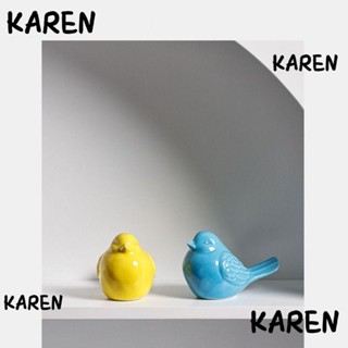 Karen รูปปั้นนกเซรามิค สีเหลือง สีฟ้า 5.1*3.1 นิ้ว สําหรับตกแต่งบ้าน สวน 2 ชิ้น