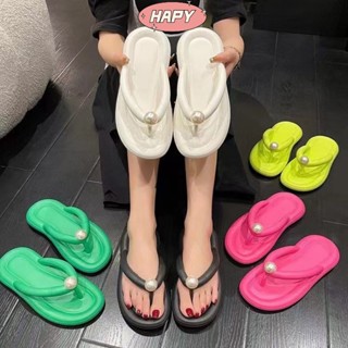 HAPY สไตล์ใหม่เหยียบผ้าฝ้ายรู้สึก Flip Flop ผู้หญิงนอกสวมใส่แฟชั่นเพิร์ลร้อยรองเท้า ins หนาแต่เพียงผู้เดียวลื่นชายหาดคลิปเท้าคลิปเท้ารองเท้าแตะ