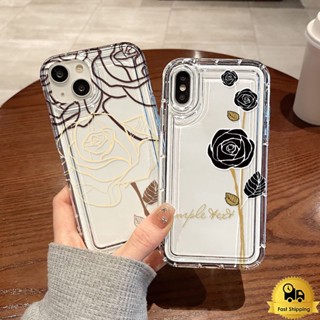 คู่เคสโทรศัพท์โปร่งใสสำหรับ Iphone 11 12 13 14 15 Pro Max XR X XS 7 6 8 Plus SE ทอง กุหลาบดำ อ่อนนุ่มกันกระแทกเปลือก