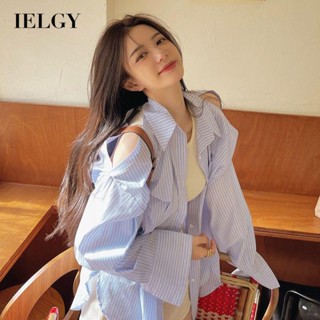 IELGY เสื้อเชิ้ตแขนยาว เปิดไหล่ ลายทาง สไตล์เกาหลี สําหรับผู้หญิง