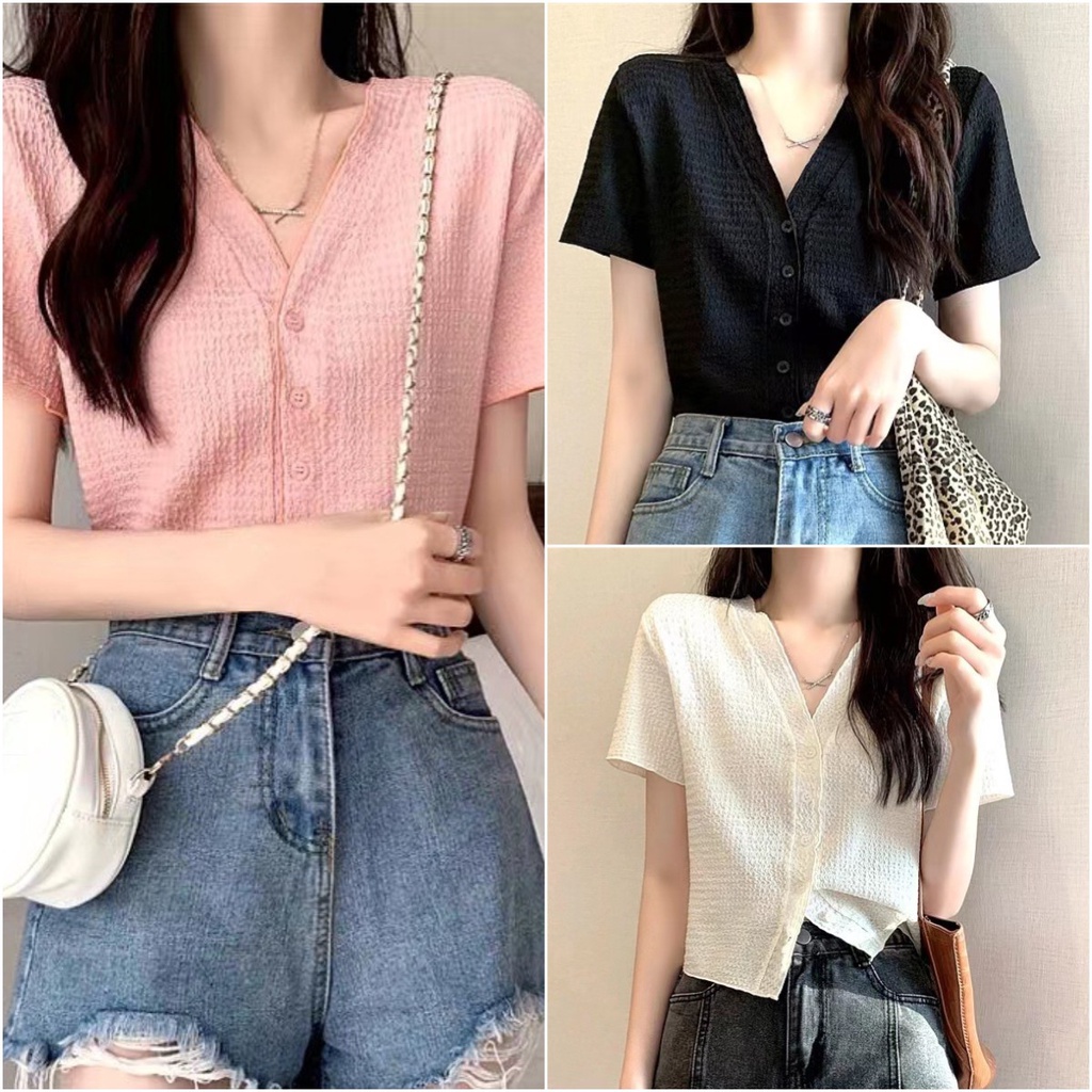 พร้อมส่ง   เสื้อคอวีผ้าระบาย ครอป สีพื้น แฟชั่นสาวหวาน น่ารัก