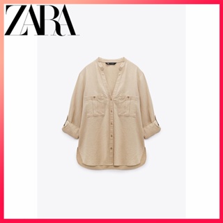 Zara ใหม่ เสื้อผ้าผู้หญิง แขน สามารถม้วนขึ้น ผ้าลินินผสม เสื้อ