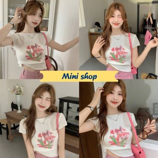 Mini shop🌸พร้อมส่ง🌸 (0893) เสื้อไหมพรมแขนสั้น ดีเทลลายดอกไม้ ทิวลิปน่ารักมาก "0893"