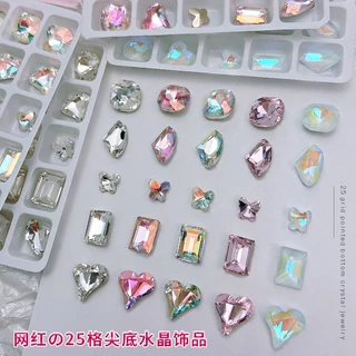 25 ชิ้นรองประดับเพชรคริสตัลทรงแหลมสำหรับตกแต่งเล็บ สีขาวอ่อน ชมพู หัวใจคด ขวาน สี่เหลี่ยมจัตุรัส ขนาดใหญ่