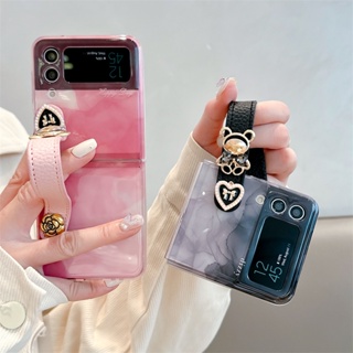 Samsung Galaxy Z Flip 3 Flip4 เคสมันวาว การ์ตูนหินอ่อน พร้อมสายคล้องข้อมือ หมี พับ ป้องกัน ป้องกันการกระแทก