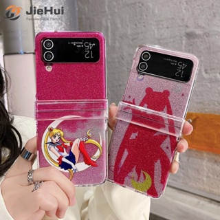 Jiehui เคสโทรศัพท์มือถือแฟชั่น ลายการ์ตูนเซเลอร์มูน สามชิ้น สีชมพู สําหรับ Samsung Z Flip5 Z Flip4 Z Flip3