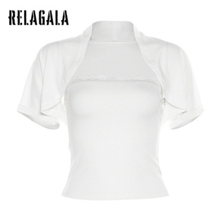 Relagala ใหม่ เสื้อยืดลําลอง แขนสั้น คอสี่เหลี่ยม เซ็กซี่ สีพื้น แฟชั่นสําหรับสตรี 2023