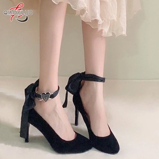 QiaoYiLuo Cross-strap high-heeled stiletto โบว์ริบบิ้นปลายแหลมใหม่รองเท้าเดี่ยวคุณภาพสูงพิเศษ