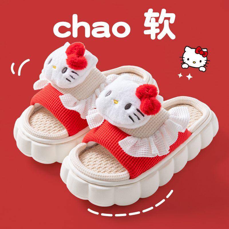 【JsS】Hello Kitty รองเท้าแตะผ้าลินินสำหรับเด็กนักเรียนหญิงในร่มระบายอากาศกันลื่นหนาพื้นเพิ่มความสูงรองเท้าแตะ Sanrio สามารถสวมใส่ด้านนอก