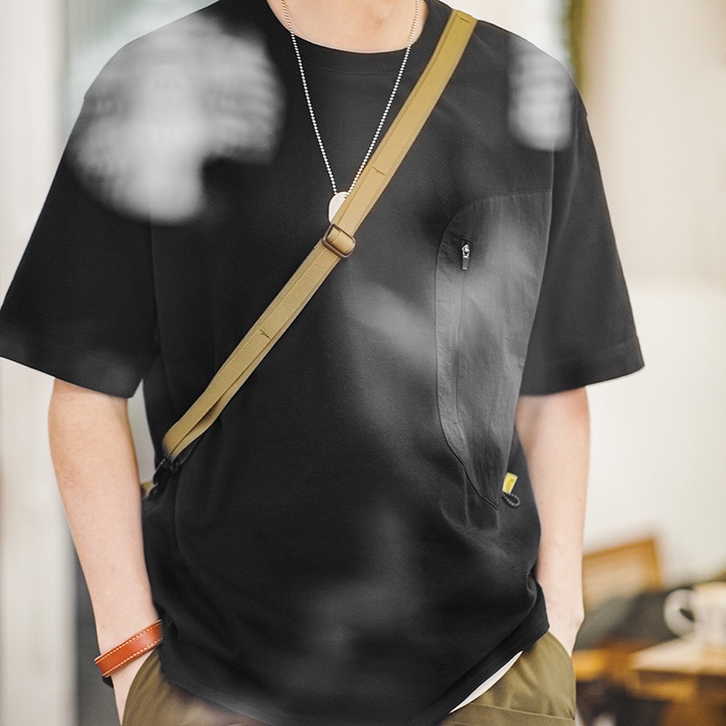 เสื้อยืดคอกลม แขนสั้น ผ้าฝ้าย แต่งซิป มีกระเป๋า อเนกประสงค์ สไตล์โมเดิร์น แฟชั่นอเมริกัน สําหรับผู้ชาย และผู้หญิง