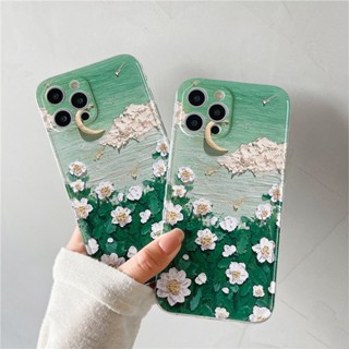 เคสป้องกันโทรศัพท์มือถือ ลายภาพวาดสีน้ํามัน รูปดวงจันทร์ และดอกไม้ สําหรับ Apple Iphone 12 11ProMax xr xs 7 8Plus xr xs mini se 6s