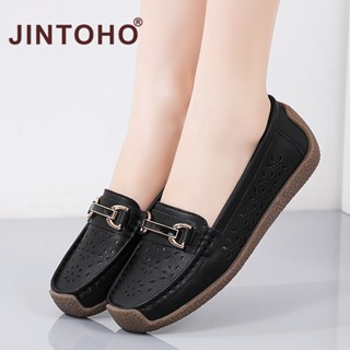 Jintoho รองเท้าโลฟเฟอร์หนังลําลอง ส้นเตี้ย ระบายอากาศ มีรู ขนาดใหญ่ 35-44 คุณภาพสูง แฟชั่นสําหรับผู้หญิง สํานักงาน