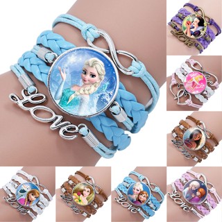 สร้อยข้อมือหนัง ลายการ์ตูน Frozen Elsa Anna Mermaid Cinderella Ocean Wonderland Princess สีฟ้า สําหรับเด็กผู้หญิง