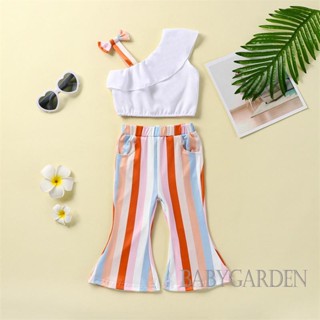 Babygarden-1-5 ปี ชุดเสื้อผ้าเด็กผู้หญิง, เสื้อกล้ามสลิงแขนกุด Ruffles + กางเกงขาบาน เอวยางยืด ลายทาง สีรุ้ง สีสันสดใส