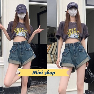 Mini shop🌸พร้อมส่ง🌸 (1908) กางเกงยันส์ขาสั้นเอวสูง เอวข้างสม๊อค -NZ-QY