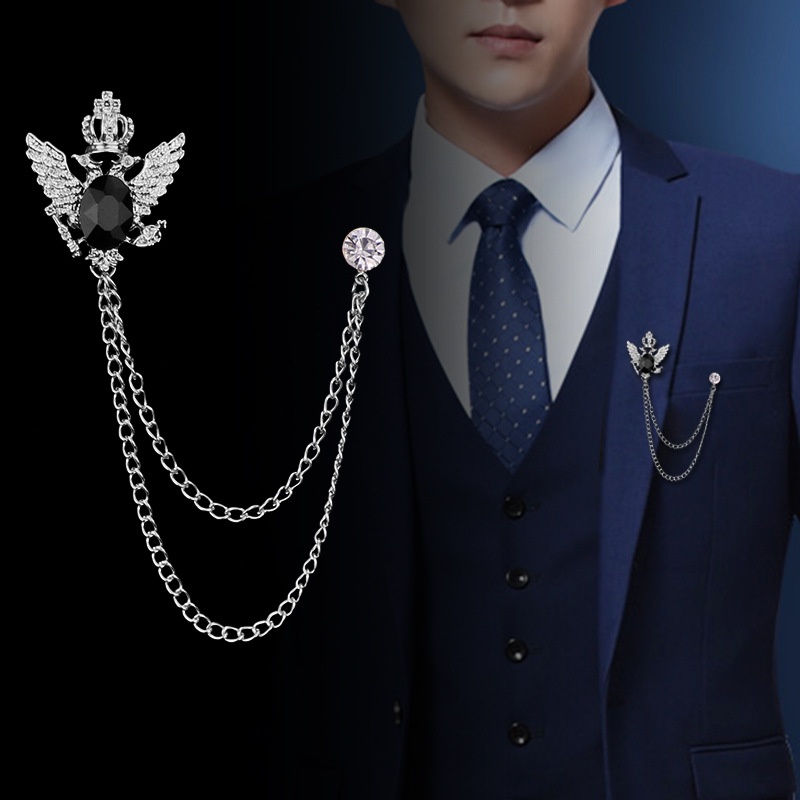 เข็มกลัดผู้ชายย้อนยุคสไตล์พระราชวังแจ็คเก็ตสูทเสื้อยกทรงพู่โซ่สองหัวนกอินทรีเข็มกลัด